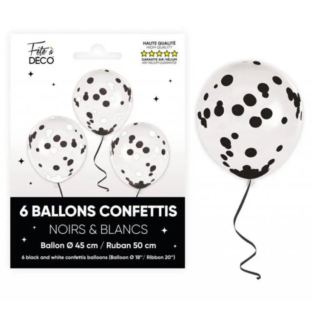 6 Ballons Confettis - Noir/Blanc