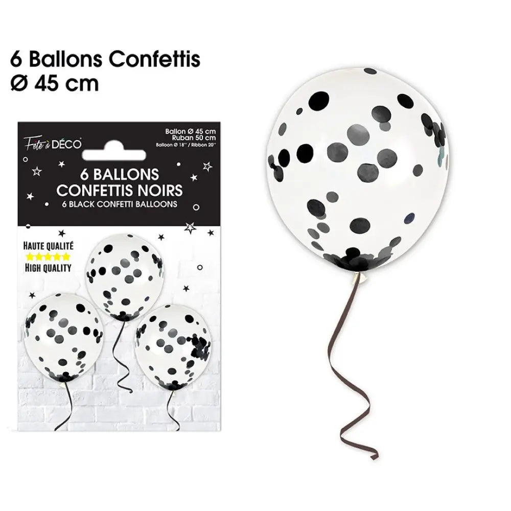 6 Ballons Confettis 45cm - Noir