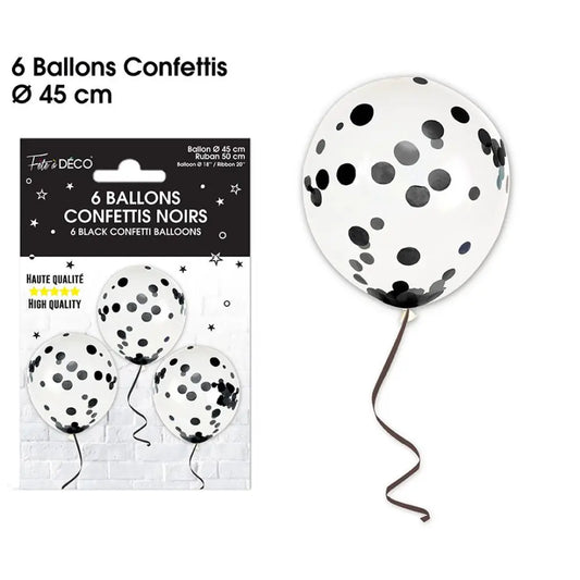 6 Ballons Confettis 45cm - Noir