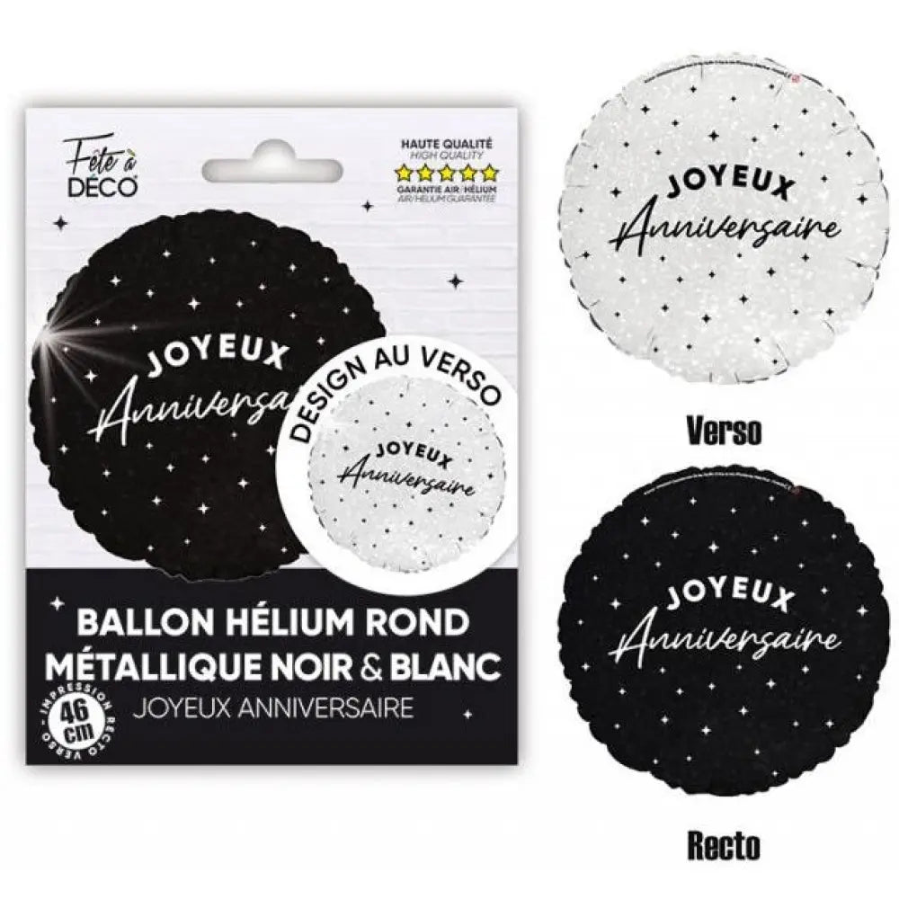 Ballon Alu "Joyeux Anniversaire" Rond - Noir/Blanc