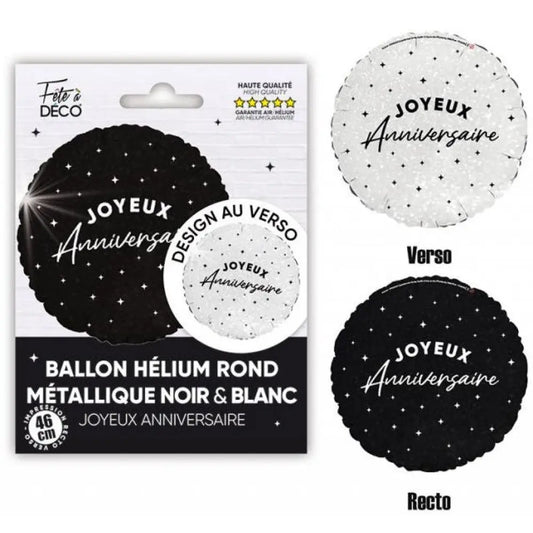 Ballon Alu "Joyeux Anniversaire" Rond - Noir/Blanc