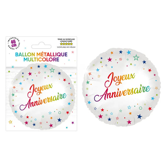 Ballon métallique rond Joyeux Anniversaire MULTICOLORE