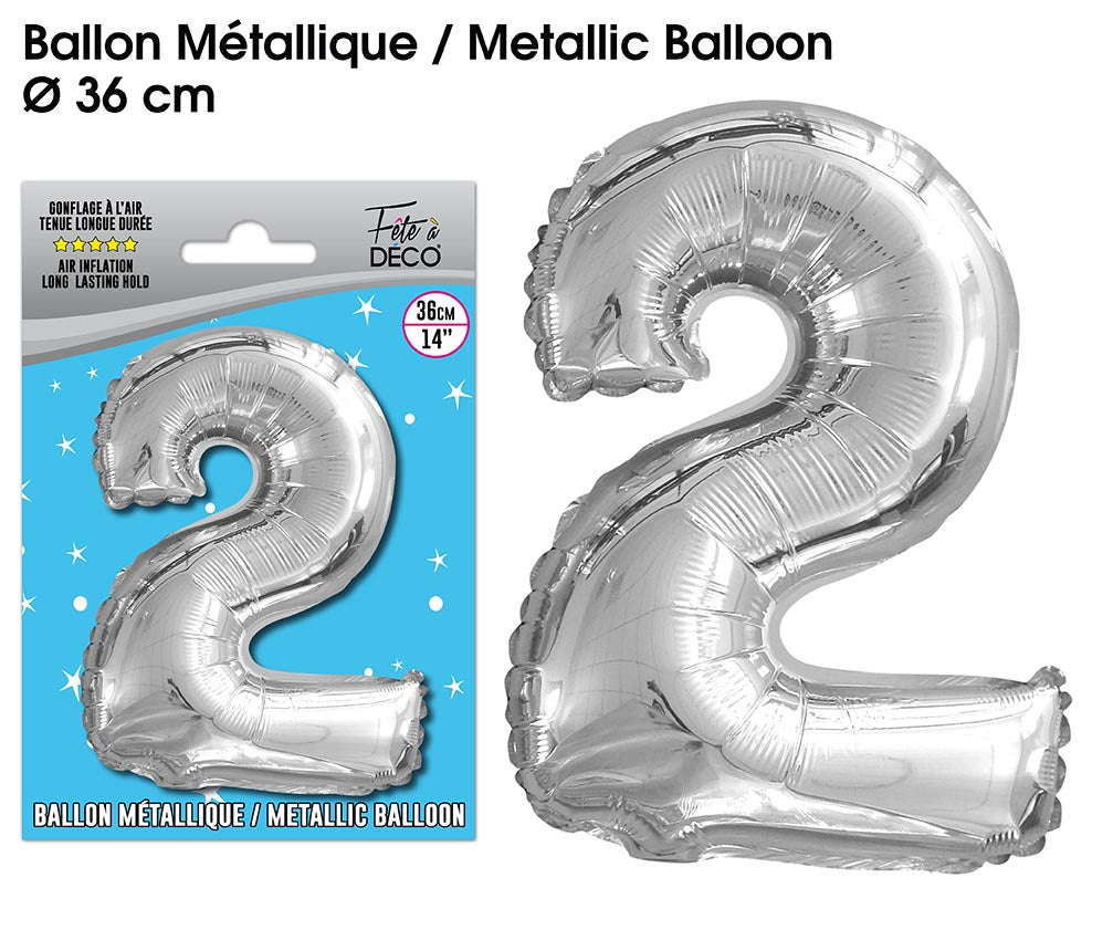 Ballon métallique Argent Chiffre - Tous les chiffres : 2<br/>