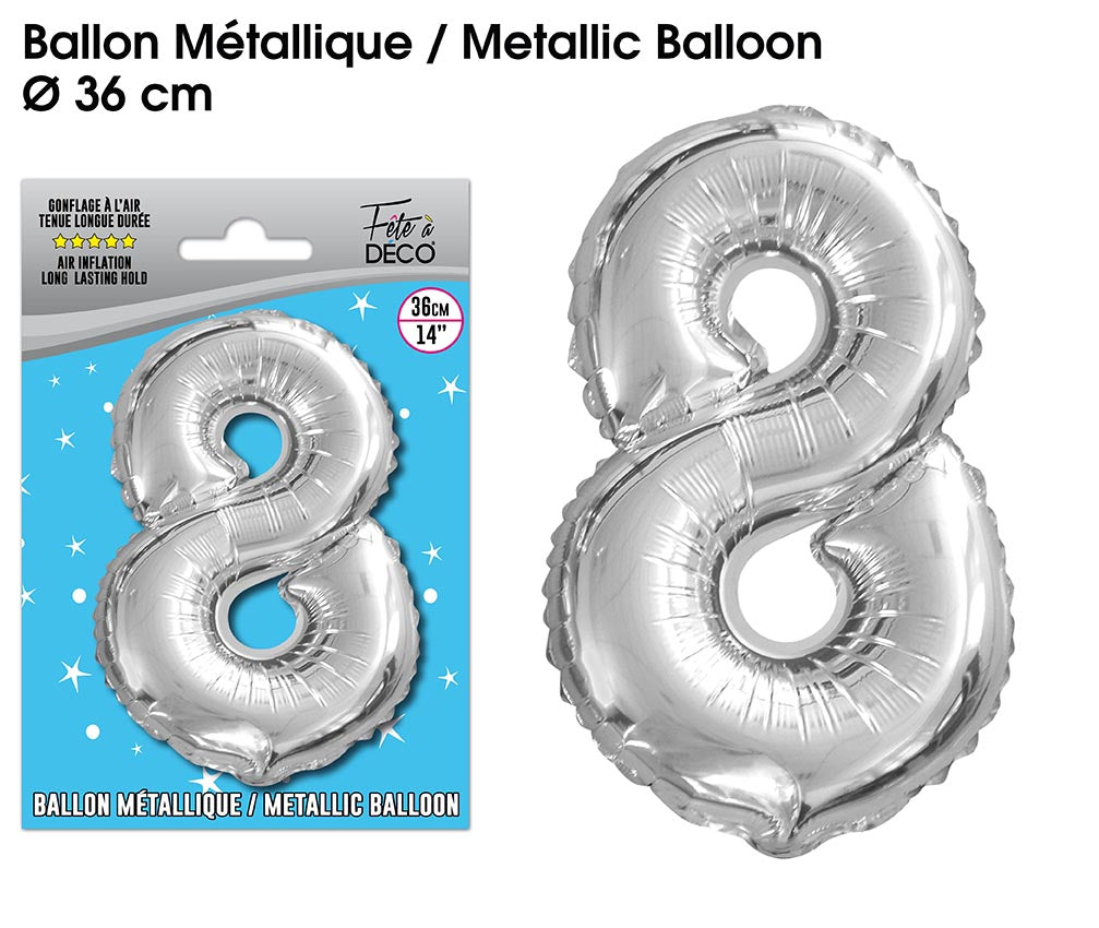 Ballon métallique Argent Chiffre - Tous les chiffres : 8