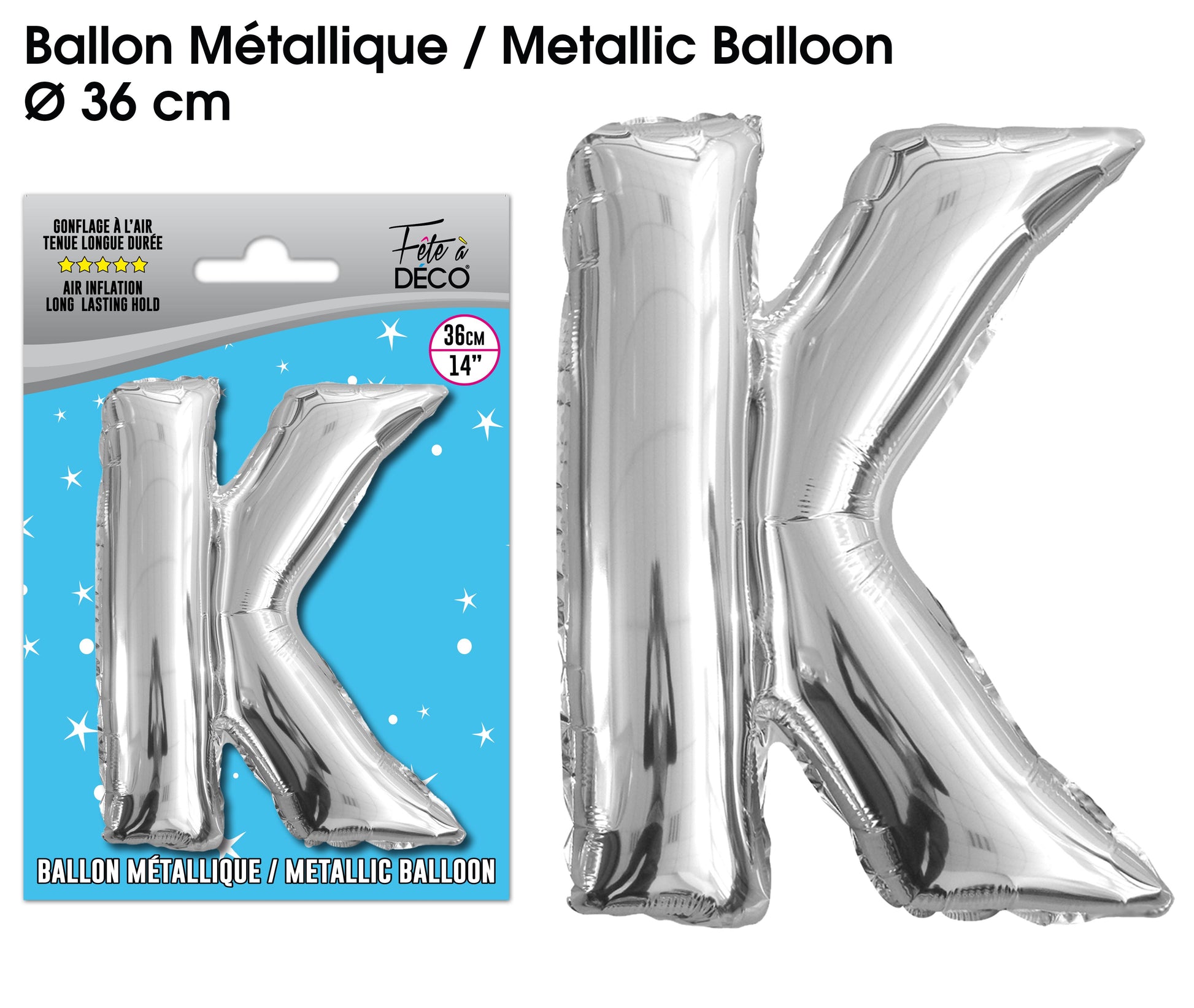 Ballon métallique Argent Lettres et Symboles - Toutes les lettres, le # et le & : K