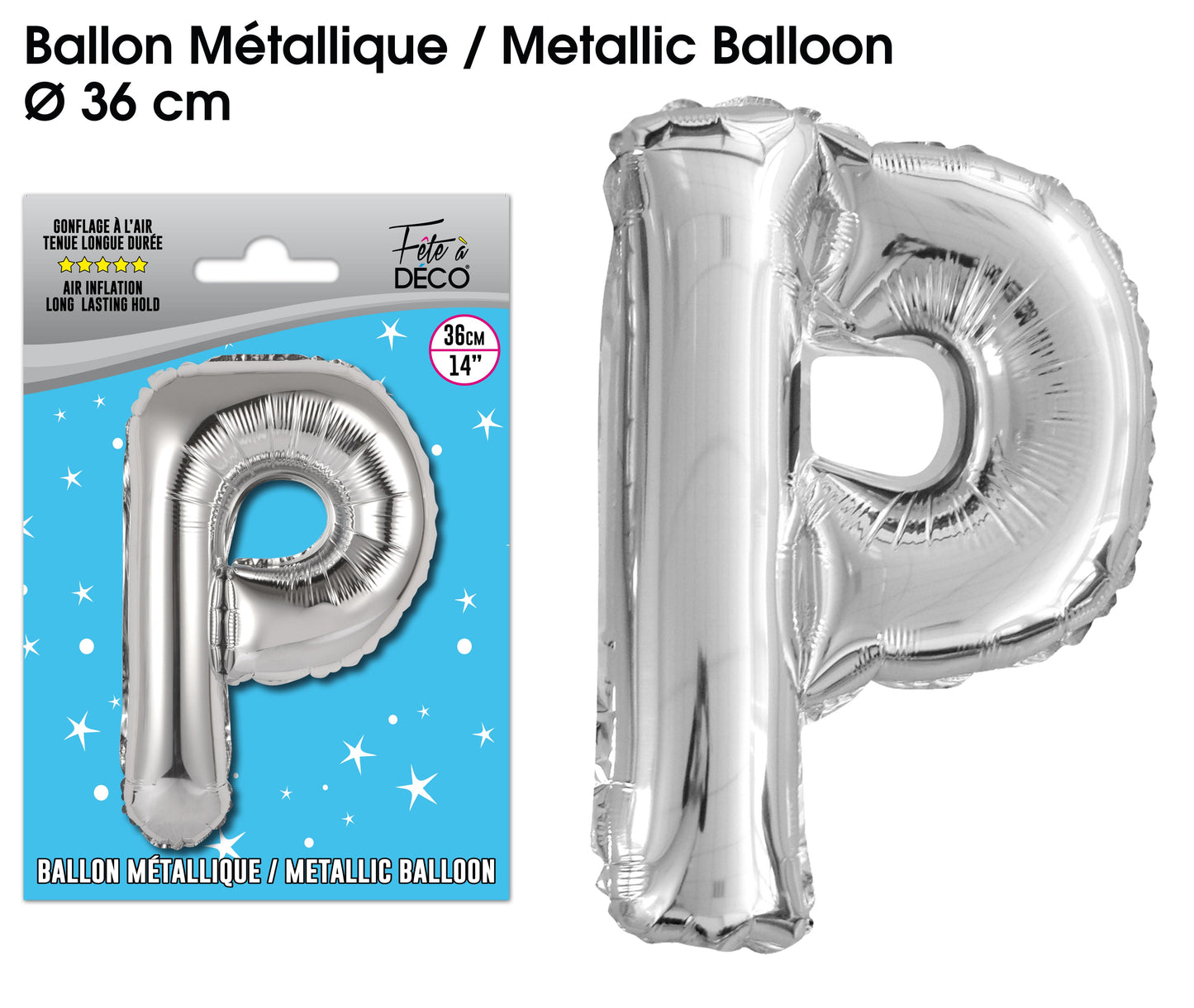 Ballon métallique Argent Lettres et Symboles - Toutes les lettres, le # et le & : P