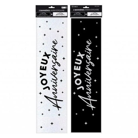 2 Bannières ''Joyeux Anniversaire'' Métallique - Noir/Blanc