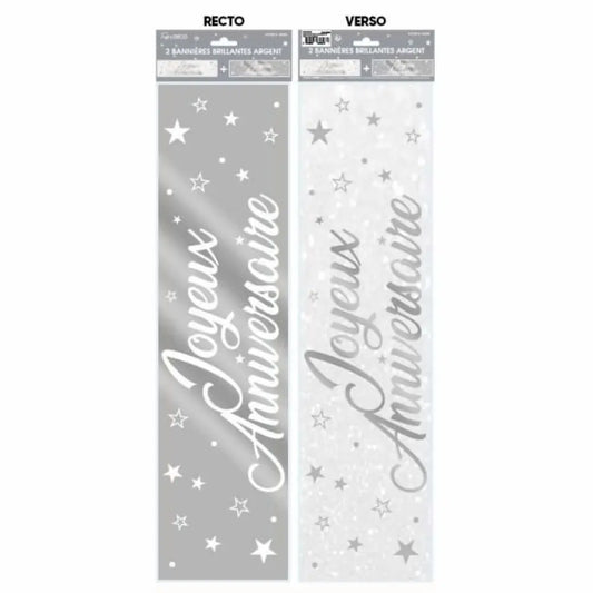 2 Bannières ''Joyeux Anniversaire'' Métallique - Argent