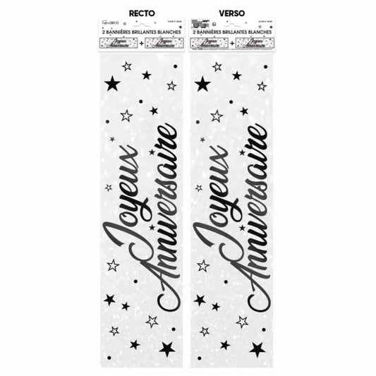 2 Bannières ''Joyeux Anniversaire'' Métallique - Blanc