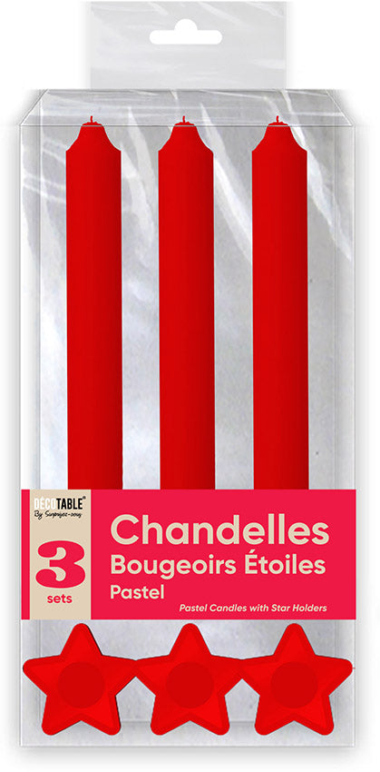 Bougies Chandelles x 3 Supports Etoile Pastel - Couleur : Rouge