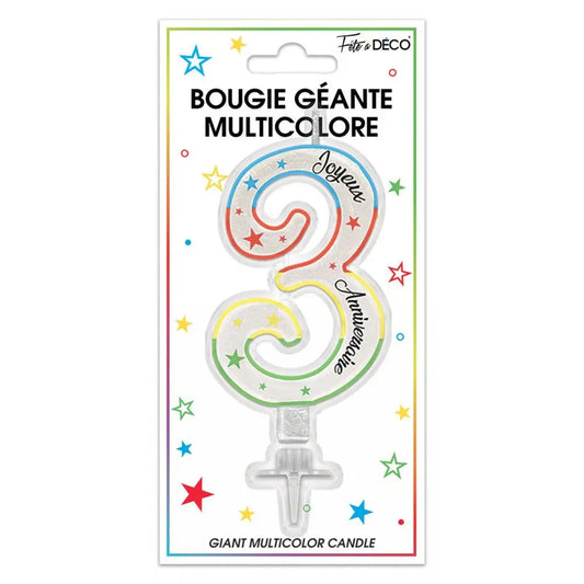 Bougie Pailletée Géante "3" - Multicolore