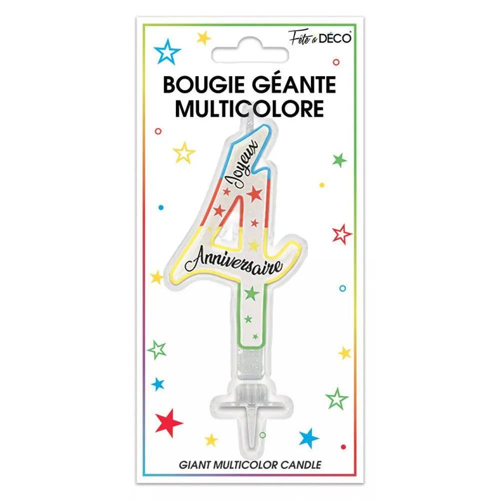 Bougie Pailletée Géante "4" - Multicolore