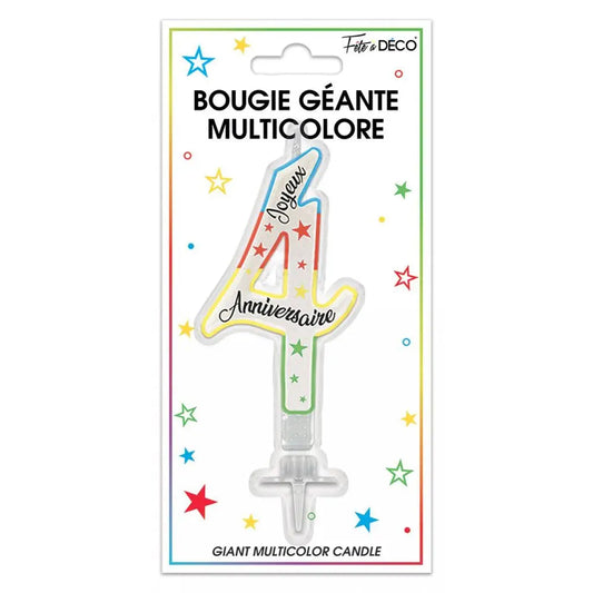 Bougie Pailletée Géante "4" - Multicolore