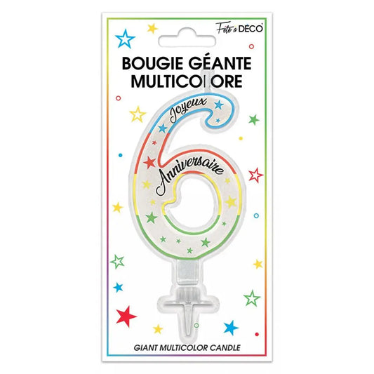 Bougie Pailletée Géante "6" - Multicolore