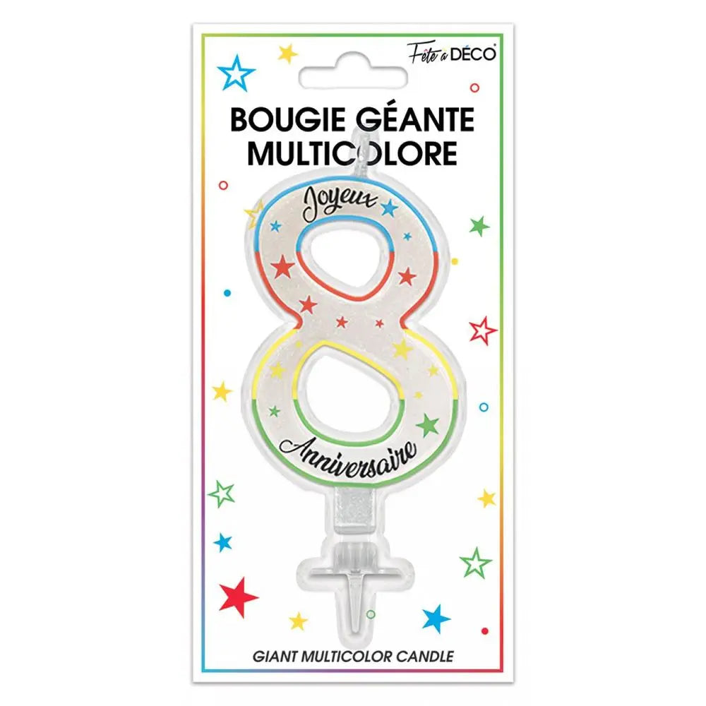 Bougie Pailletée Géante "8" - Multicolore