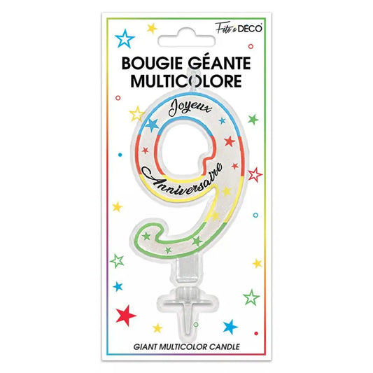 Bougie Pailletée Géante "9" - Multicolore