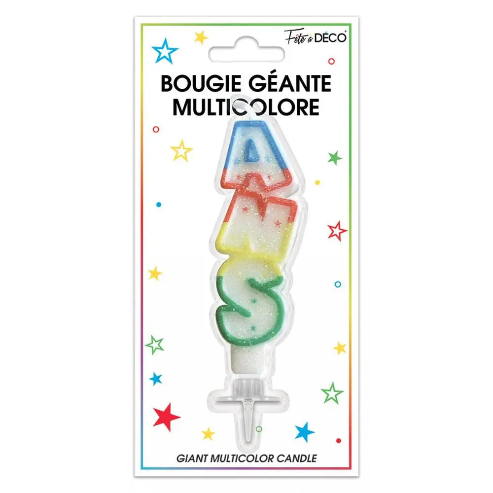 Bougie Pailletée Géante "ANS" - Multicolore