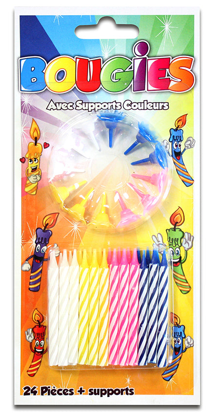 24 bougies avec supports couleurs assorties