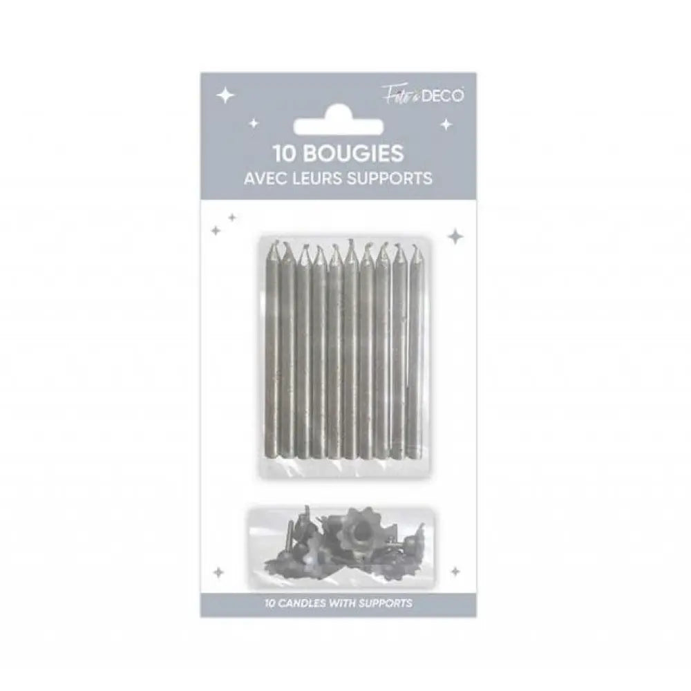 10 Bougies  avec supports - Argent