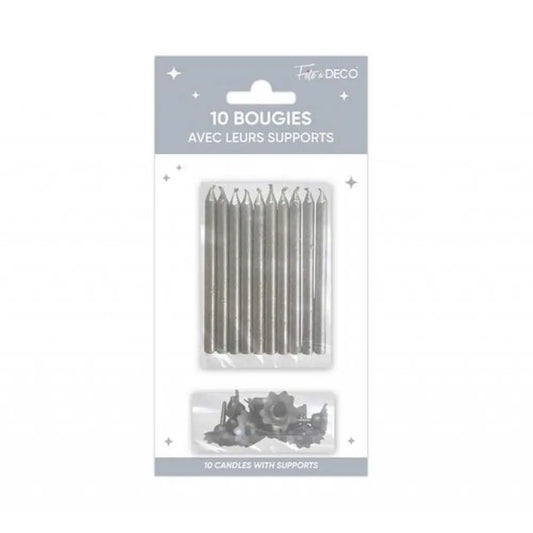 10 Bougies  avec supports - Argent