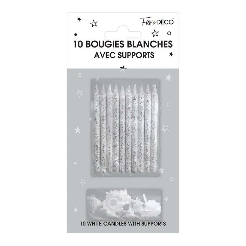10 Bougies Pailletées avec supports - Blanc