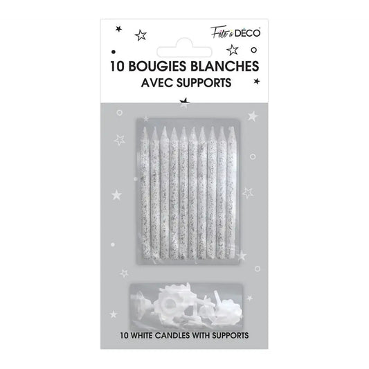 10 Bougies Pailletées avec supports - Blanc