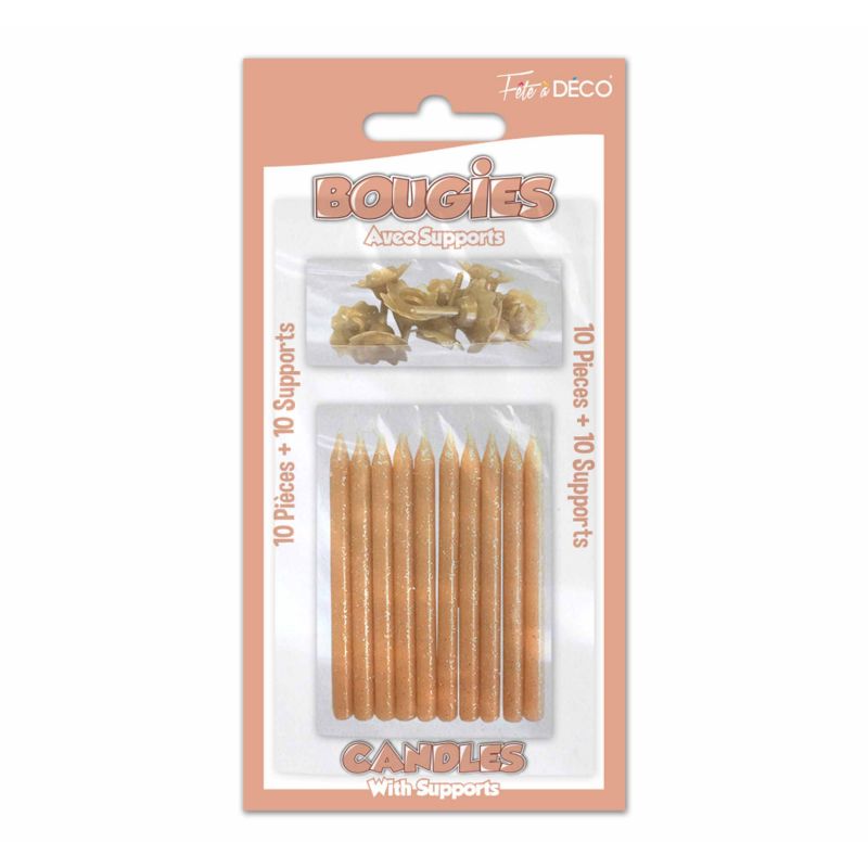 10 bougies pailletées avec supports Cuivre