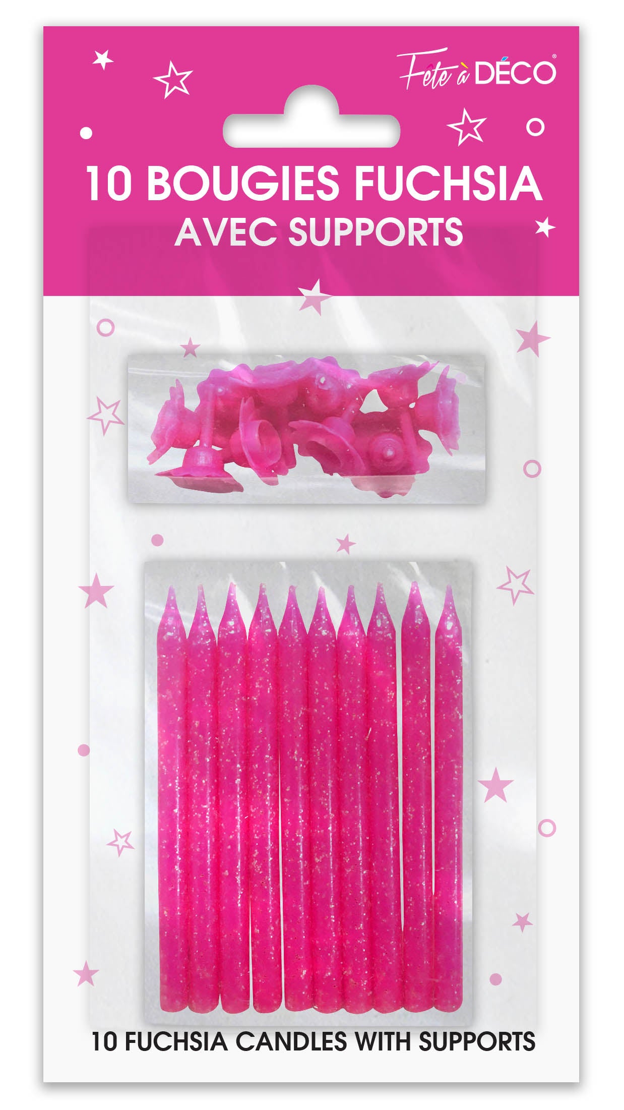 10 bougies pailletées avec supports - Couleur : Fuchsia