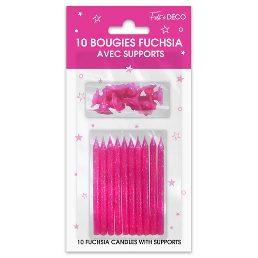 10 Bougies Pailletées avec supports - Fuchsia