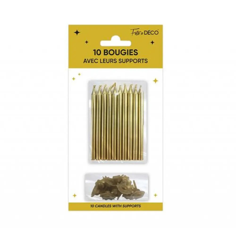 10 Bougies avec supports - Or