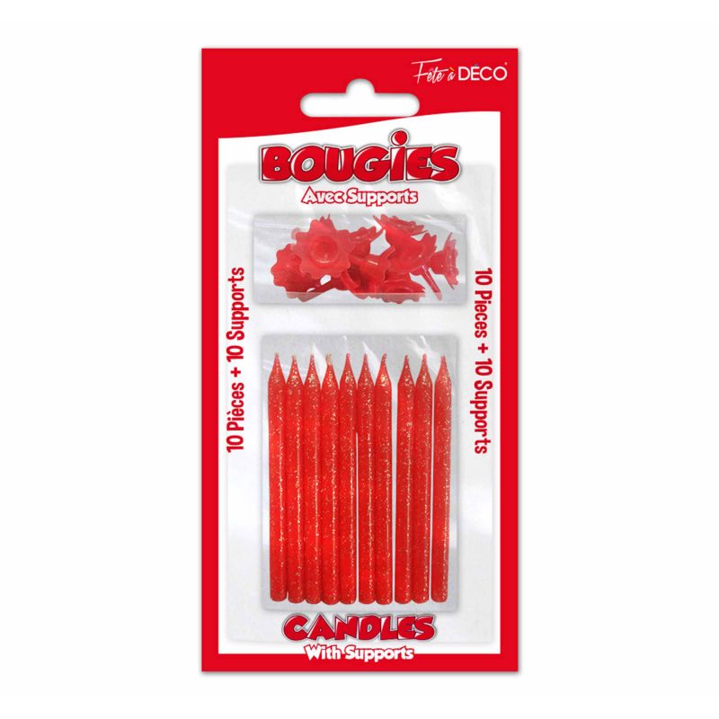 10 bougies pailletées avec supports Rouge