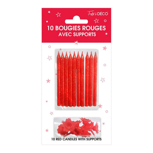 10 Bougies Pailletées avec supports - Rouge