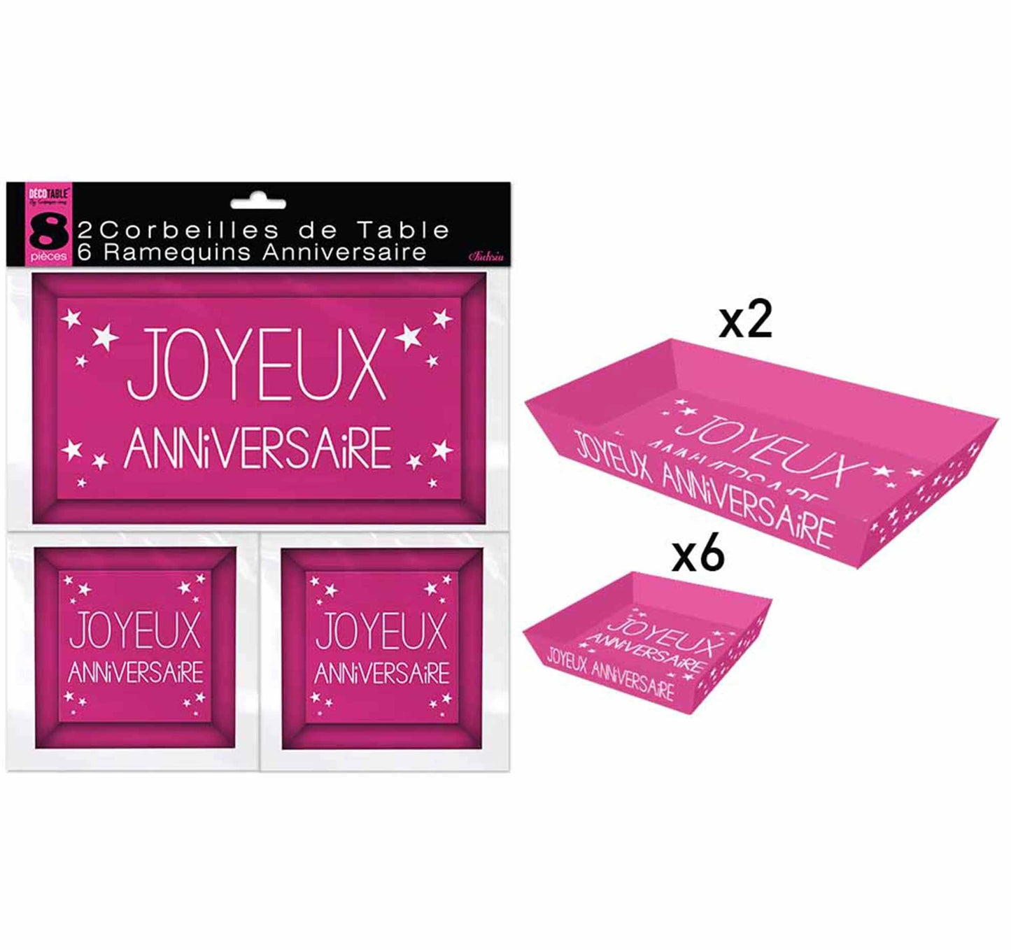 2 corbeilles de table et 6 ramequins "Joyeux Anniversaire" rose