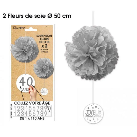 2 Suspensions Fleurs de Soie - Gris
