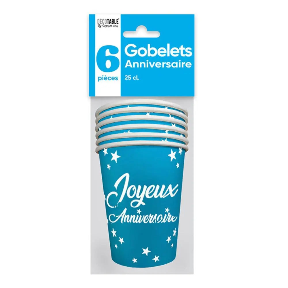 6 Gobelets en Carton ''Joyeux Anniversaire'' 25cl - Bleu