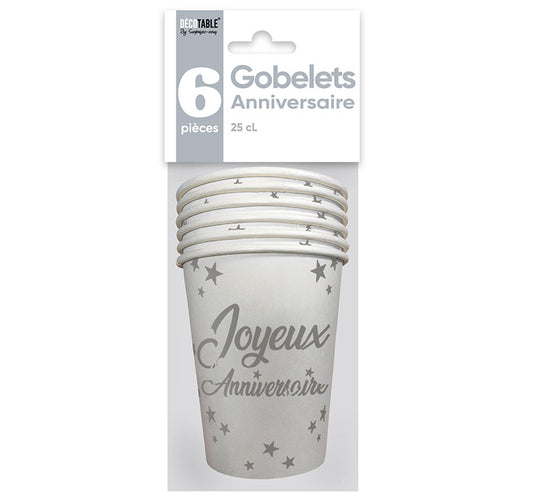 Gobelets x6 Anniversaire 25cl - Eventail des couleurs : Blanc<br/>