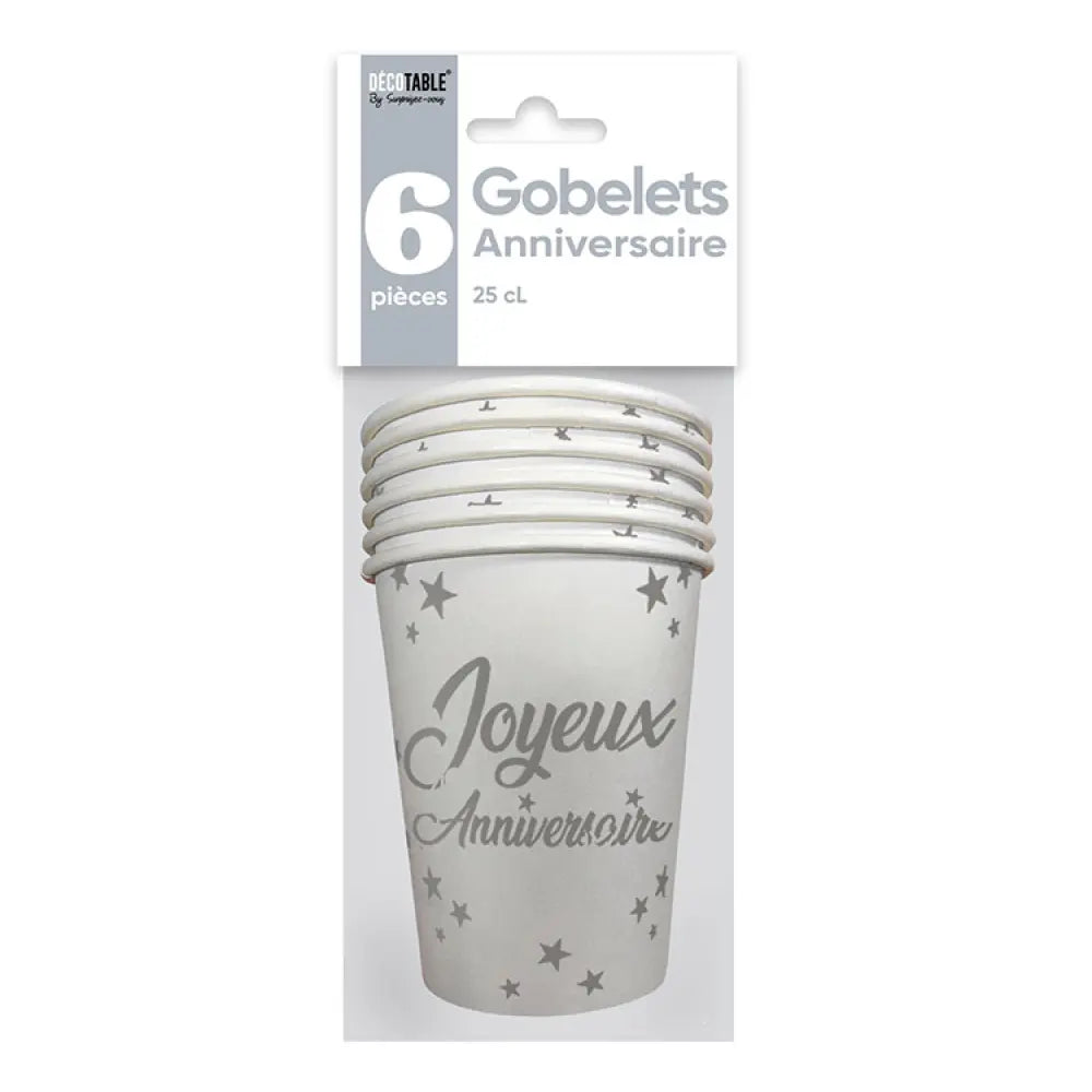 6 Gobelets en Carton ''Joyeux Anniversaire'' 25cl - Blanc