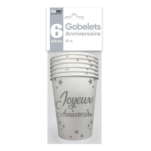 6 Gobelets en Carton ''Joyeux Anniversaire'' 25cl - Blanc