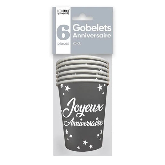 6 Gobelets en Carton ''Joyeux Anniversaire'' 25cl - Gris
