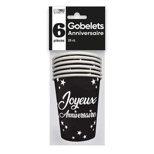 6 Gobelets en Carton ''Joyeux Anniversaire'' 25cl - Noir