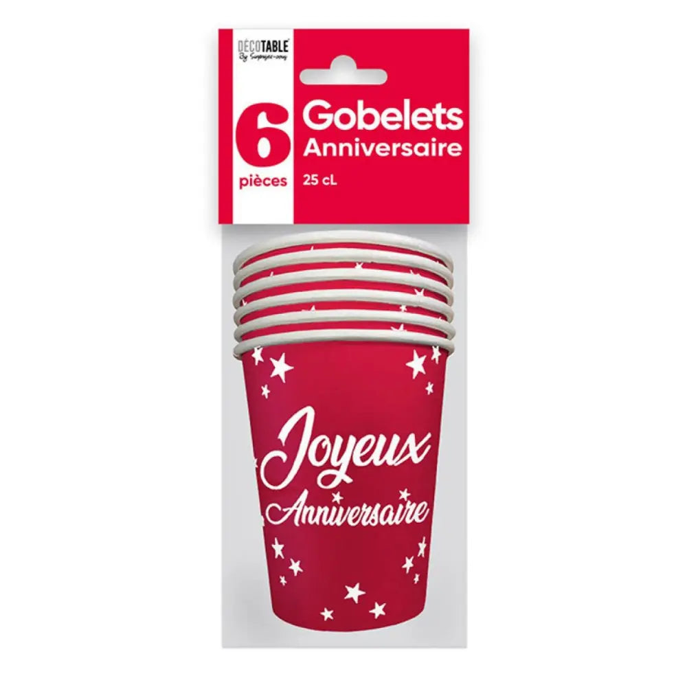 6 Gobelets en Carton ''Joyeux Anniversaire'' 25cl - Rouge