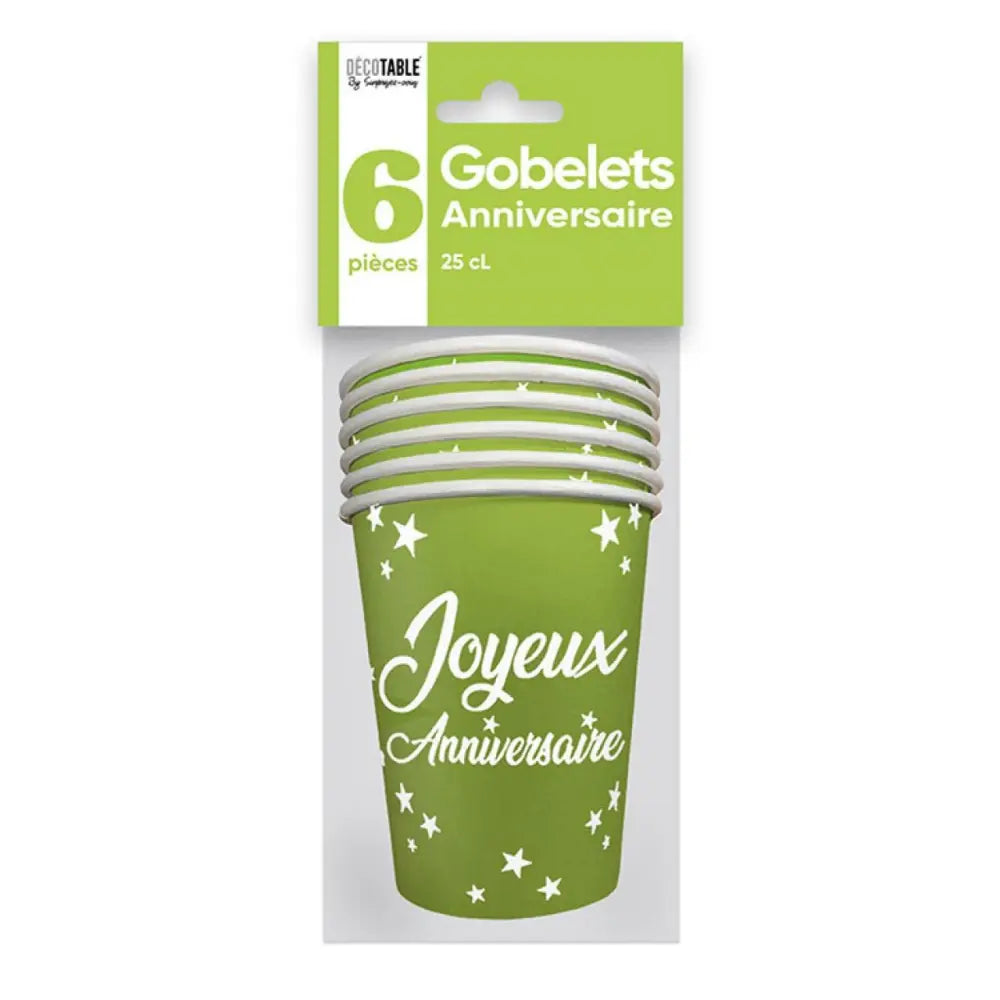 6 Gobelets en Carton ''Joyeux Anniversaire'' 25cl - Vert
