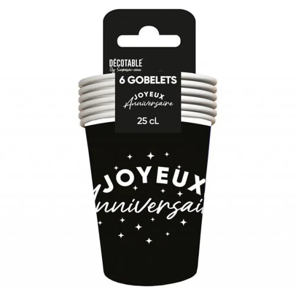 6 Gobelets en Carton 25cl "Joyeux Anniversaire" - Noir