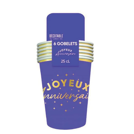 6 Gobelets en Carton 25cl "Joyeux Anniversaire" - Violet