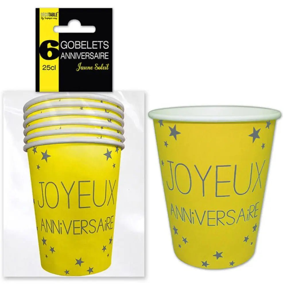 6 Gobelets en Carton ''Joyeux Anniversaire'' 25cl - Jaune