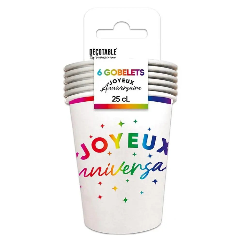 6 Gobelets en Carton 25cl ''Joyeux Anniversaire'' - Multicolore