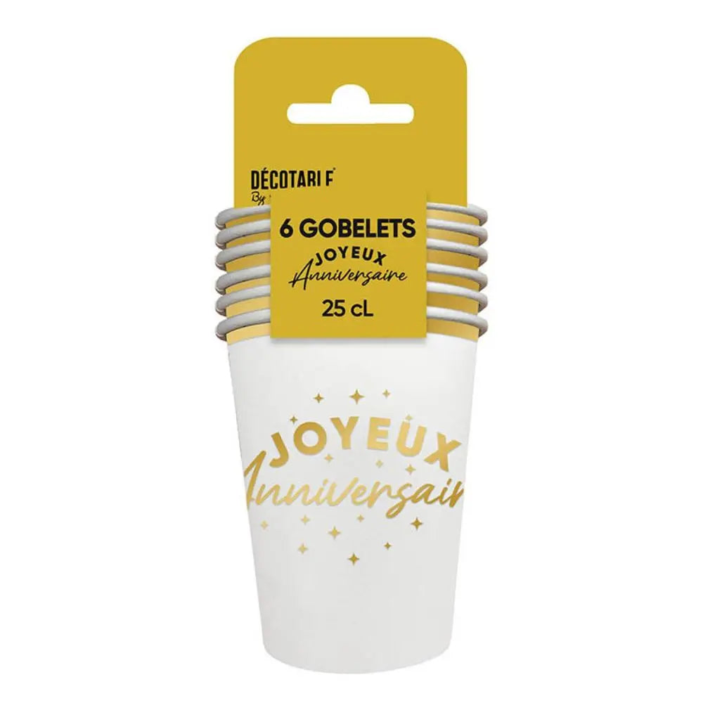 6 Gobelets en Carton 25cl "Joyeux Anniversaire" - Or