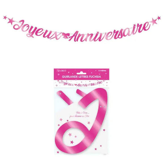 Guirlande Lettres Métallique 6m ''Joyeux Anniversaire'' - Fuchsia
