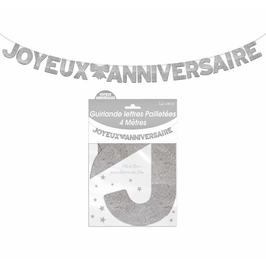 Guirlande Lettres Paillettes 4m ''Joyeux Anniversaire'' - Argent