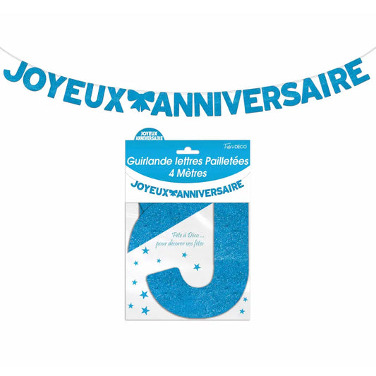 Guirlande Lettres Paillettes 4m ''Joyeux Anniversaire'' - Bleu